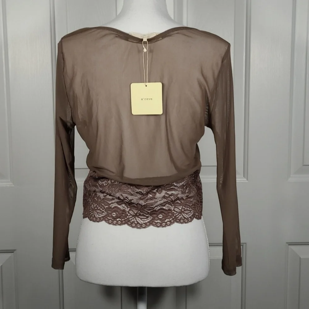 NWT A'reve Lace & Mesh Sheer Stretchy Crop Top in Brown Size Large - Picture 6 of 14